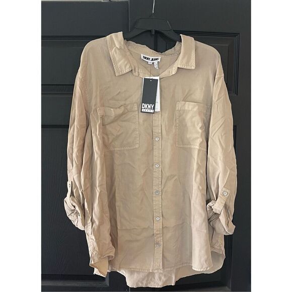 DKNY Women's Plus Garment Dye Classic Roll Tab Sleeve Button Front Shirt - Picture 2 of 5